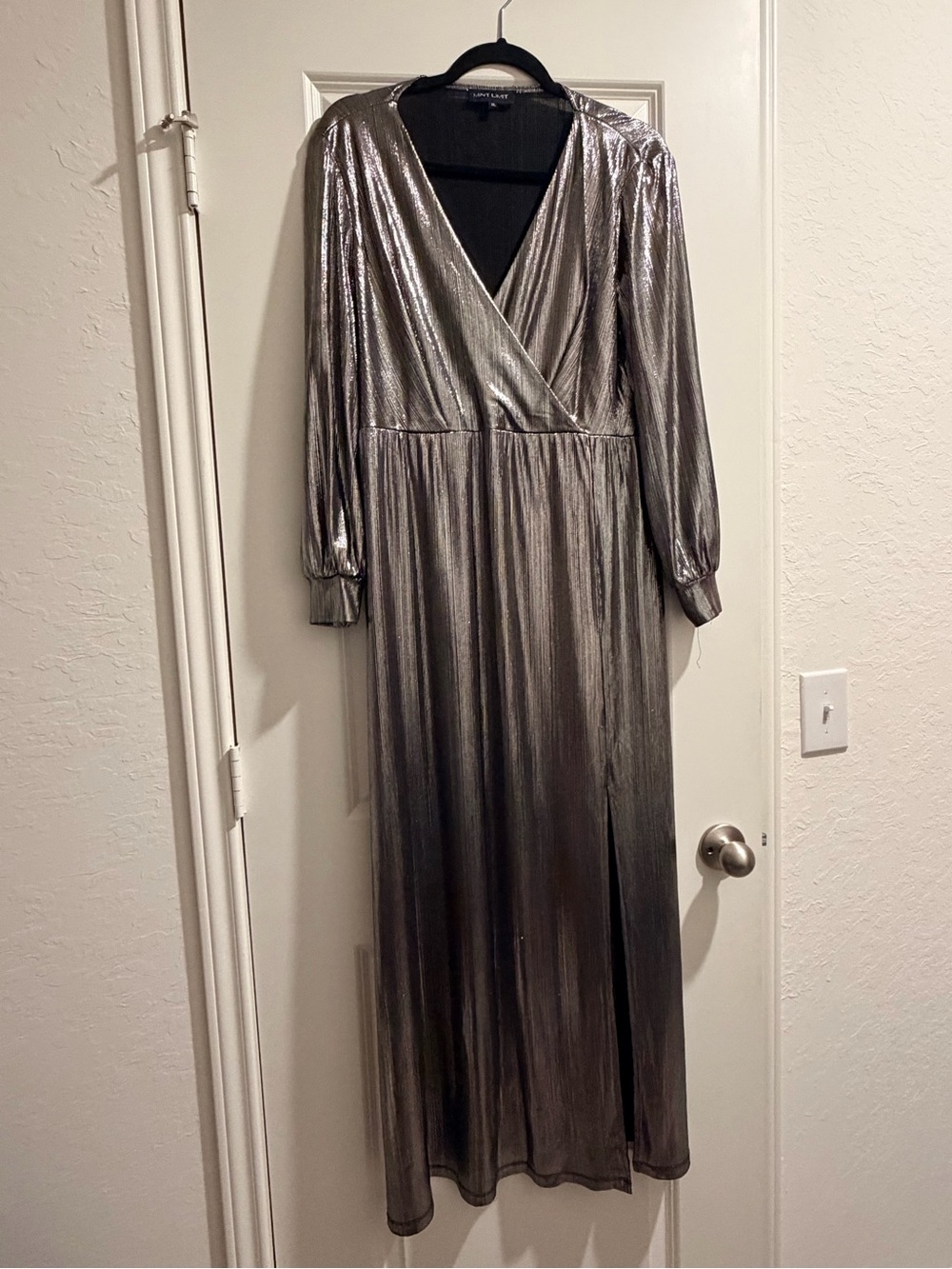 Metallic Silver Maxi Dress with Surplice Neckline